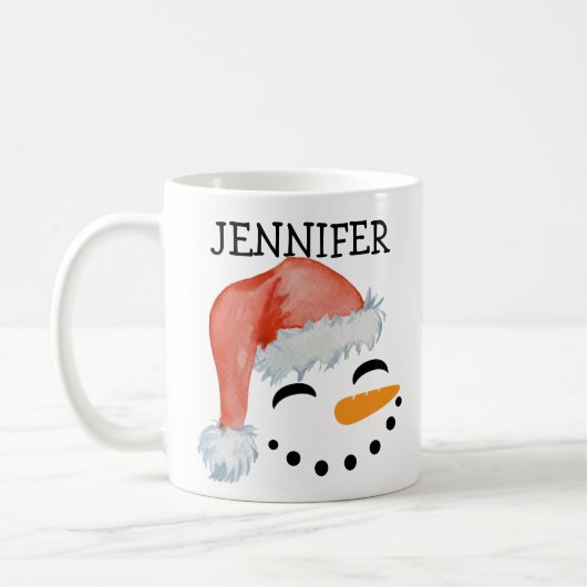 Cute Whimsical Snowman Face Santa Hat Name Koffiemok (Links)