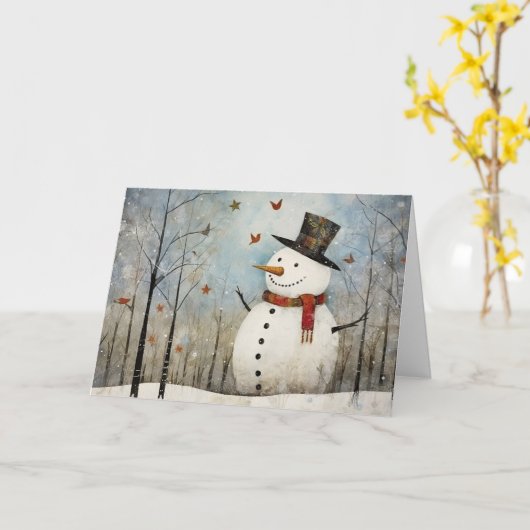Cute Whimsical Snowman in a Top Hat Holiday Kaart (Gele Bloem)