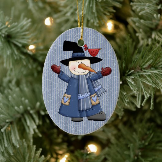 Cute Whimsical Snowman met Red Cardinaal Keramisch Ornament (Boom)