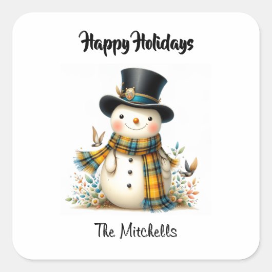 Cute Whimsical Snowman Square Sticker (Voorkant)