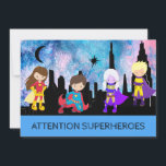 *~* Cute Whimsical SUPERHEROS Kids Birthday Party Kaart<br><div class="desc">*** GIRL of BOY SUPERHEROES Whimsical Cute BIRTHDAY ARTIJ INVITATION - TURQUOISE BLUE HOT PINK PAARS SKY. De kleine kunnen zich verkleden als hun favoriete SUPERHERO. Er zijn vier Superheros tegen een SKYLINE CITYSCAPE. De hemel in Waterverf getextureerde TURQUOISE BLUE HOT PINK PAARSE SKY. Dit is een genderneutrale uitnodiging voor...</div>