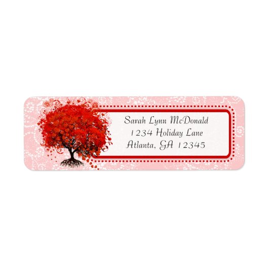 Cute Whimsical Swirl Heart Tree Red Pink Stippen Etiket (Voorkant)