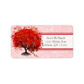 Cute Whimsical Swirl Heart Tree Red Pink Stippen Etiket (Voorkant)