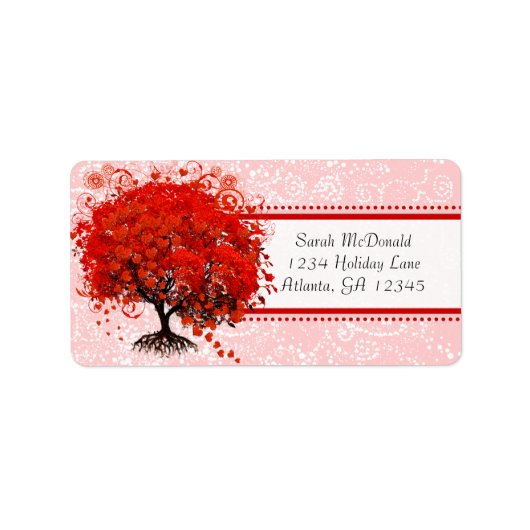 Cute Whimsical Swirl Heart Tree Red Pink Stippen Etiket (Voorkant)