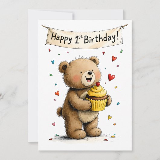 Cute Whimsical Teddy Bear Happy 1st Birthday Flat Kaart (Voorkant)