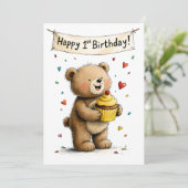 Cute Whimsical Teddy Bear Happy 1st Birthday Flat Kaart (Staand voorkant)