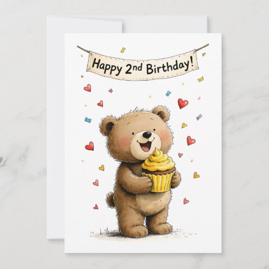 Cute Whimsical Teddy Bear Happy 2nd Birthday Flat Kaart (Voorkant)