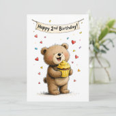 Cute Whimsical Teddy Bear Happy 2nd Birthday Flat Kaart (Staand voorkant)