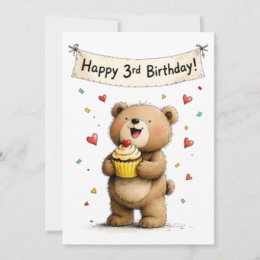 Cute Whimsical Teddy Bear Happy 3rd Birthday Flat Kaart (Voorkant)