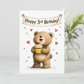 Cute Whimsical Teddy Bear Happy 3rd Birthday Flat Kaart (Staand voorkant)