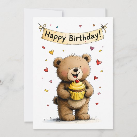 Cute Whimsical Teddy Bear Happy Birthday Flat Kaart (Voorkant)