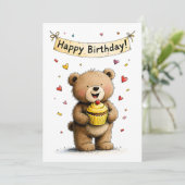 Cute Whimsical Teddy Bear Happy Birthday Flat Kaart (Staand voorkant)