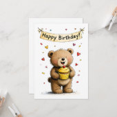 Cute Whimsical Teddy Bear Happy Birthday Flat Kaart (Voorkant / Achterkant in situ)