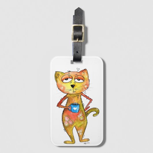Cute Whimsical Tired Cat Drink koffie Bagagelabel (Voorkant (verticaal))