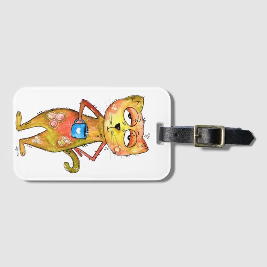 Cute Whimsical Tired Cat Drink koffie Bagagelabel (Voorkant (horizontaal))