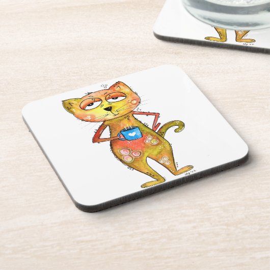 Cute Whimsical Tired Cat Drink koffie Bier Onderzetter (Linkerzijde)