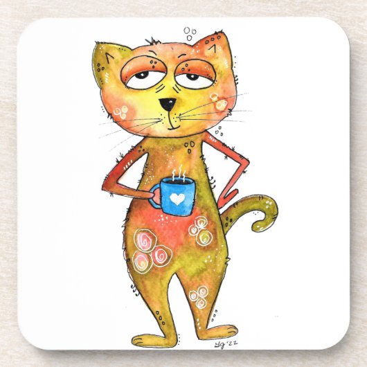 Cute Whimsical Tired Cat Drink koffie Bier Onderzetter (Voorkant)