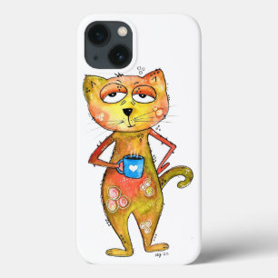 Cute Whimsical Tired Cat Drink koffie Case-Mate iPhone Case