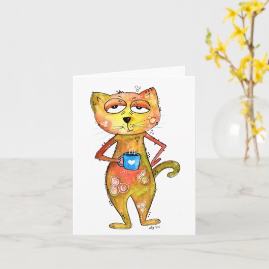 Cute Whimsical Tired Cat Drink koffie Kaart (Gele Bloem)