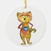 Cute Whimsical Tired Cat Drink koffie Keramisch Ornament (Voorkant)