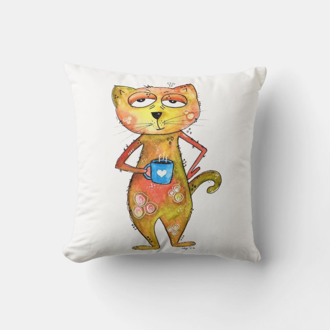 Cute Whimsical Tired Cat Drink koffie Kussen (Voorkant)
