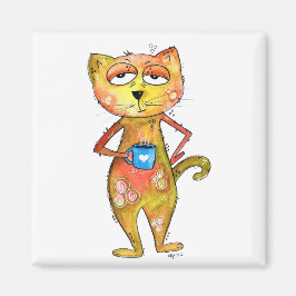 Cute Whimsical Tired Cat Drink koffie Magneet