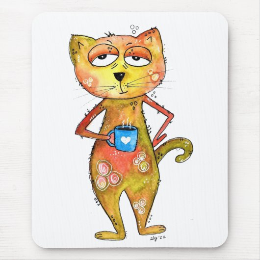 Cute Whimsical Tired Cat Drink koffie Muismat (Voorkant)