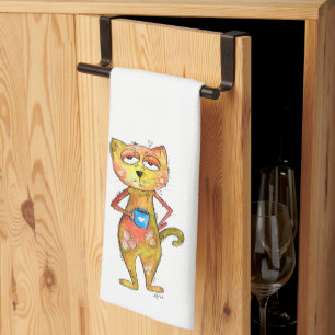 Cute Whimsical Tired Cat Drink koffie Theedoek