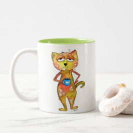 Cute Whimsical Tired Cat Drink koffie Tweekleurige Koffiemok
