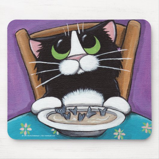 Cute Whimsical Tuxedo Cat Eating Fish Tail Soup Muismat (Voorkant)