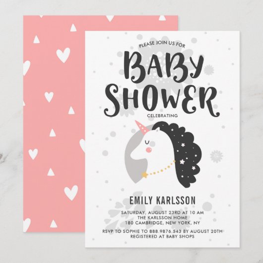 Cute & Whimsical Unicorn Baby shower Invitation I Kaart (Voorkant / Achterkant)