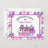 Cute Whimsical Unicorn Cupcake Birthday Invites Briefkaart (Voorkant / Achterkant)