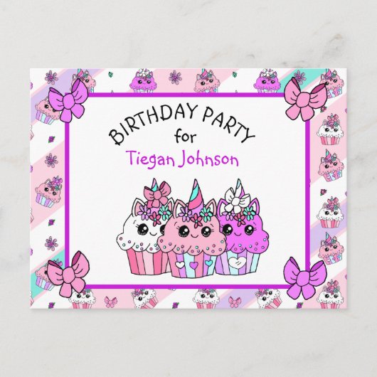 Cute Whimsical Unicorn Cupcake Birthday Invites Briefkaart (Voorkant)