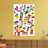 Cute whimsical waterverf houses canvas afdruk (Insitu (Woonkamer))