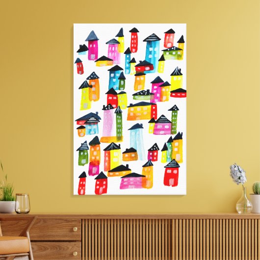 Cute whimsical waterverf houses canvas afdruk (Insitu (Woonkamer))