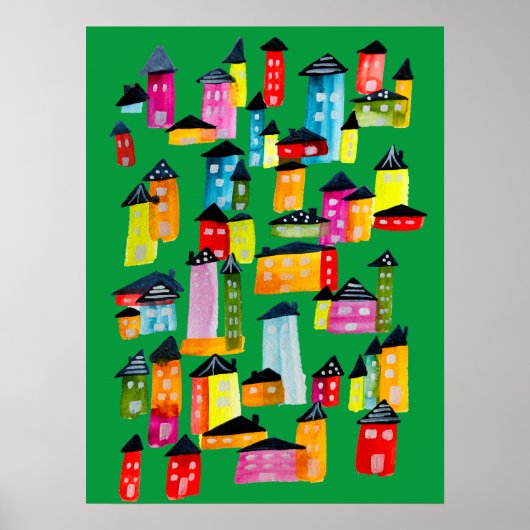 Cute whimsical waterverf houses poster (Voorkant)