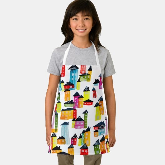 Cute whimsical waterverf houses schort (Insitu)