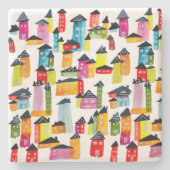 Cute whimsical waterverf houses stenen onderzetter (Voorkant)