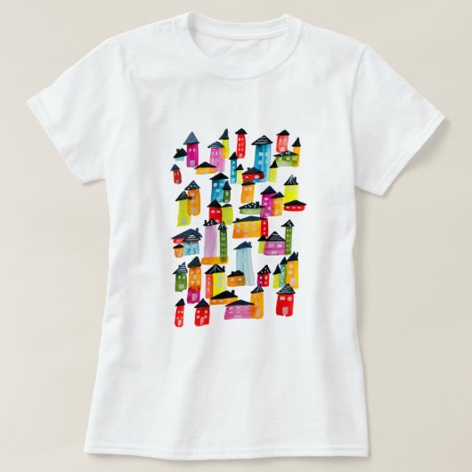 Cute whimsical waterverf houses t-shirt (Design voorkant)