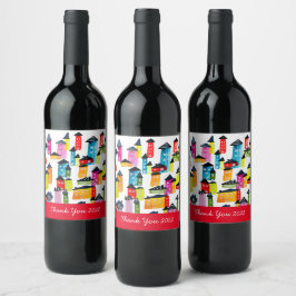 Cute whimsical waterverf houses wijn etiket