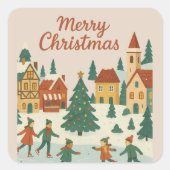 Cute Whimsical Winter Town Merry Christmas Card Vierkante Sticker (Voorkant)