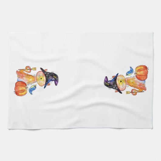 Cute Whimsical Witch Cat met pompoen Theedoek (Horizontaal)