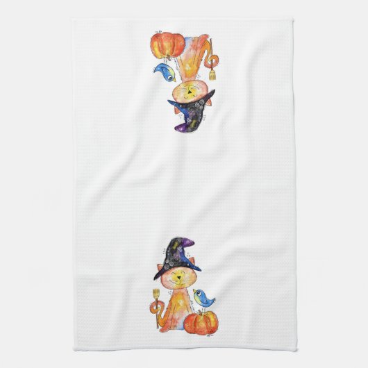 Cute Whimsical Witch Cat met pompoen Theedoek (Verticaal)