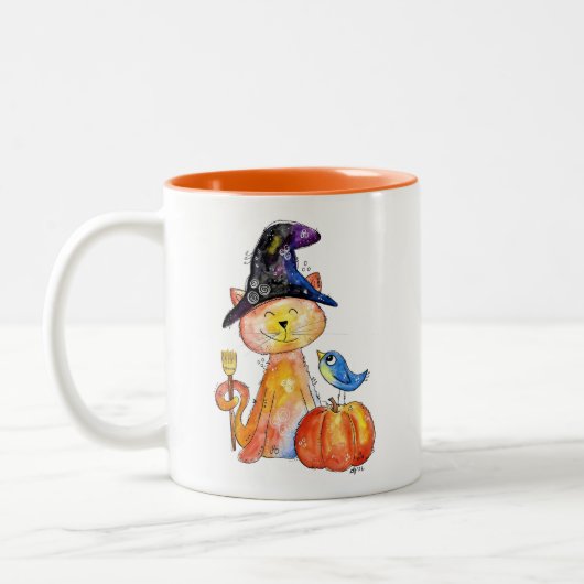 Cute Whimsical Witch Cat met pompoen Tweekleurige Koffiemok (Links)