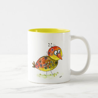 Cute Whimsical Yellow Bird Tweekleurige Koffiemok