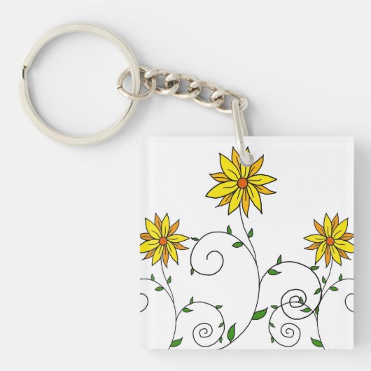 Cute Whimsical Yellow Flowers Doodle Art Sleutelhanger (Voorkant)