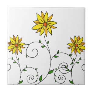Cute Whimsical Yellow Flowers Doodle Art Tegeltje