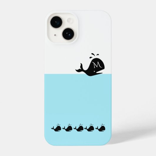Cute White and Blue Custom Initial Black Whale iPhone Hoesje (Achterkant)