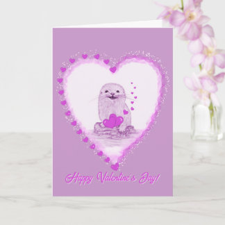 Cute White Baby Sea Otter , Happy Valentines Day Kaart