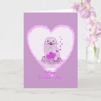 Cute White Baby Sea Otter , Happy Valentines Day Kaart